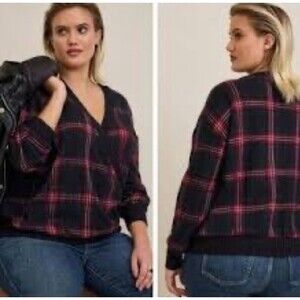 Torrid Sweater Red Brushed Waffle Plaid Surplice Long Sleeve Top 2X